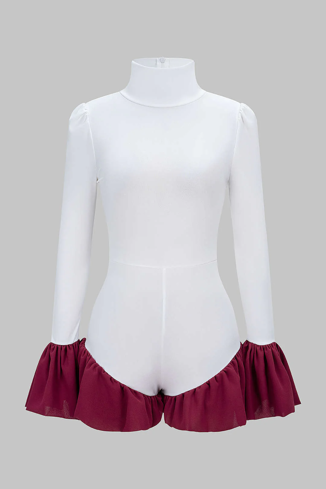 Contrast Mock Neck Ruched Bell Long Sleeve Bodysuit - Flockneti