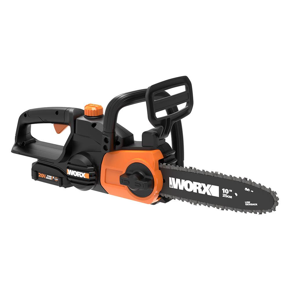 Worx POWER SHARE 20-Volt Li-Ion 10 in. Electric Cordless Chain Saw Auto-Tension Auto-Oiling Battery and Charger Included - Flockneti