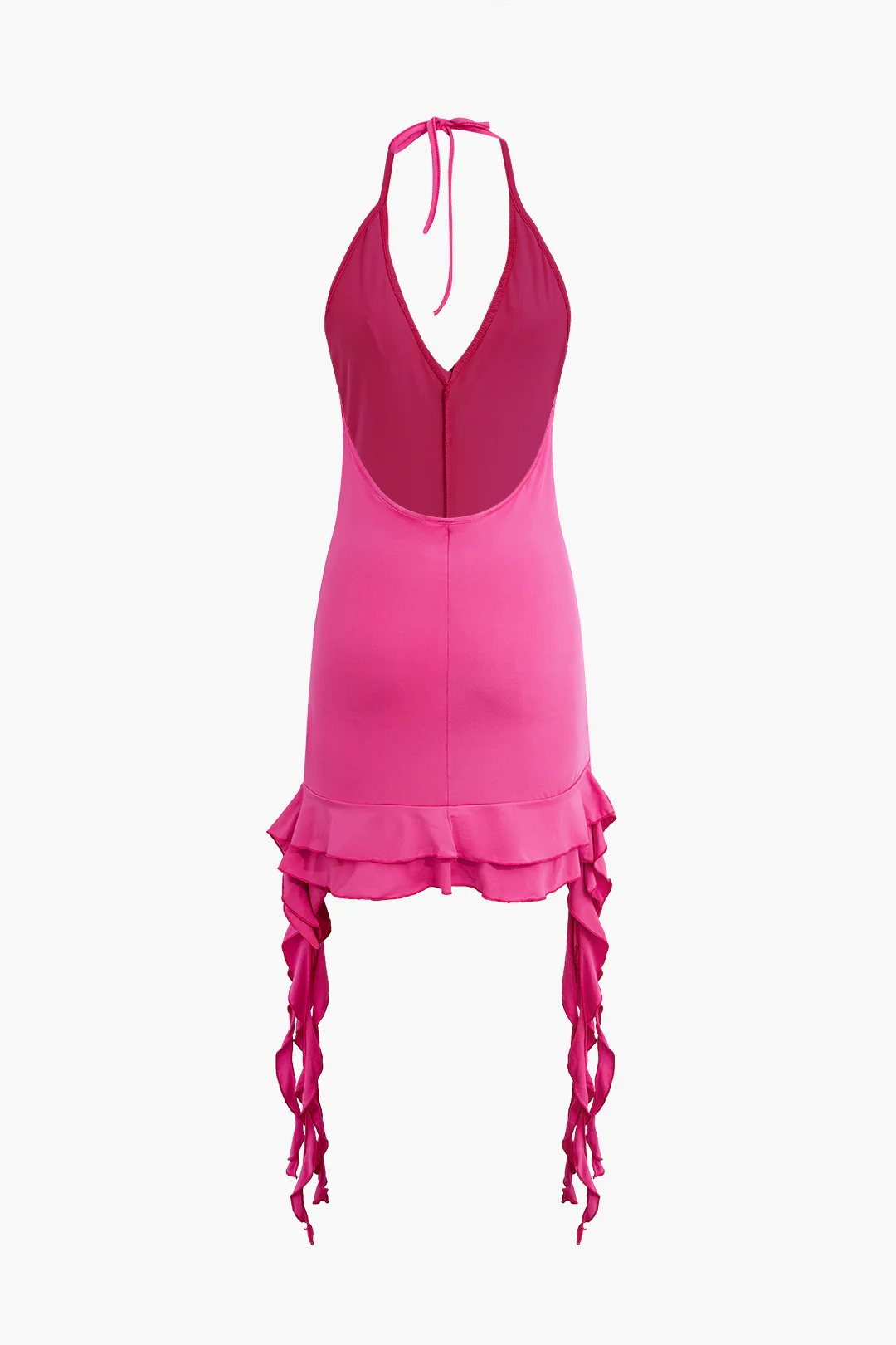Halter Neck Backless Tie Up Asymmetrical Ruffle Sleeveless Mini Dress - Flockneti