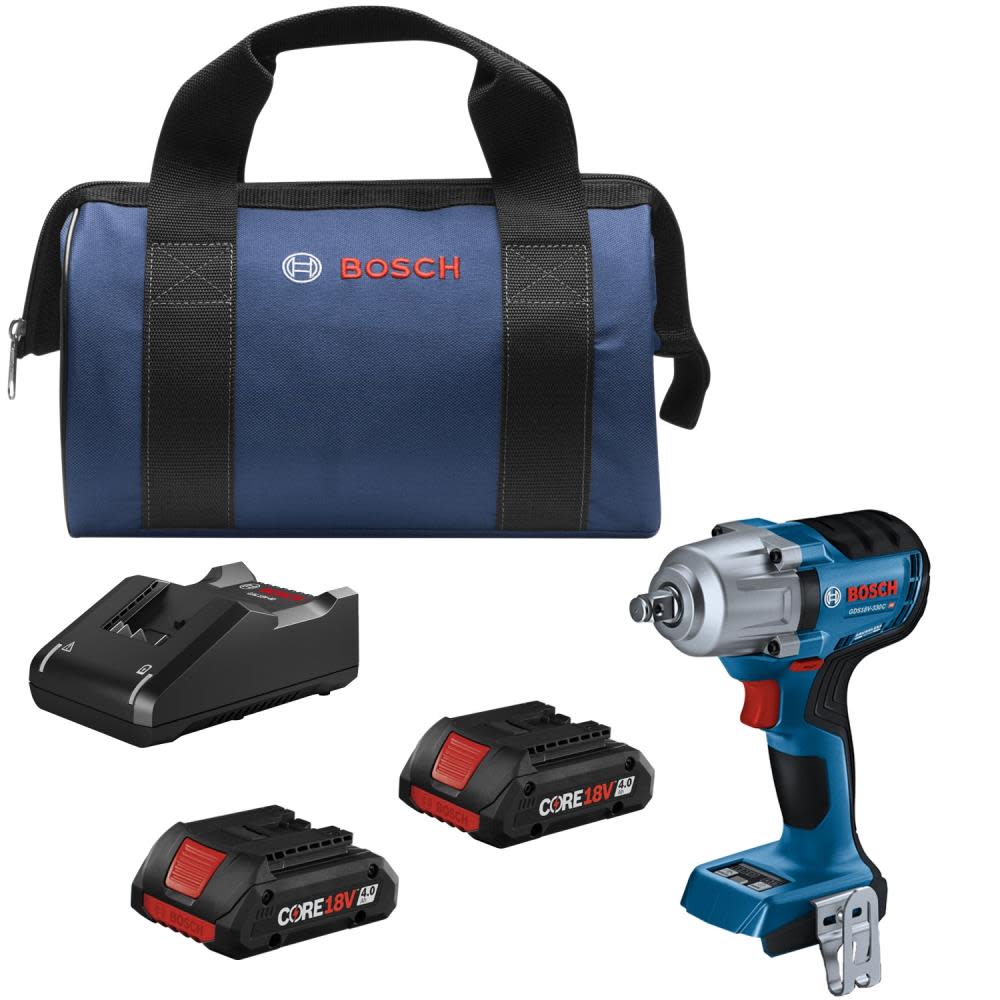 Bosch 18V 1/2″ Mid Torque Impact Wrench Kit Connected Ready with Frictin Ring and Thru Hole and 2 CORE18V 4.0 Ah Compact Batteries - Flockneti