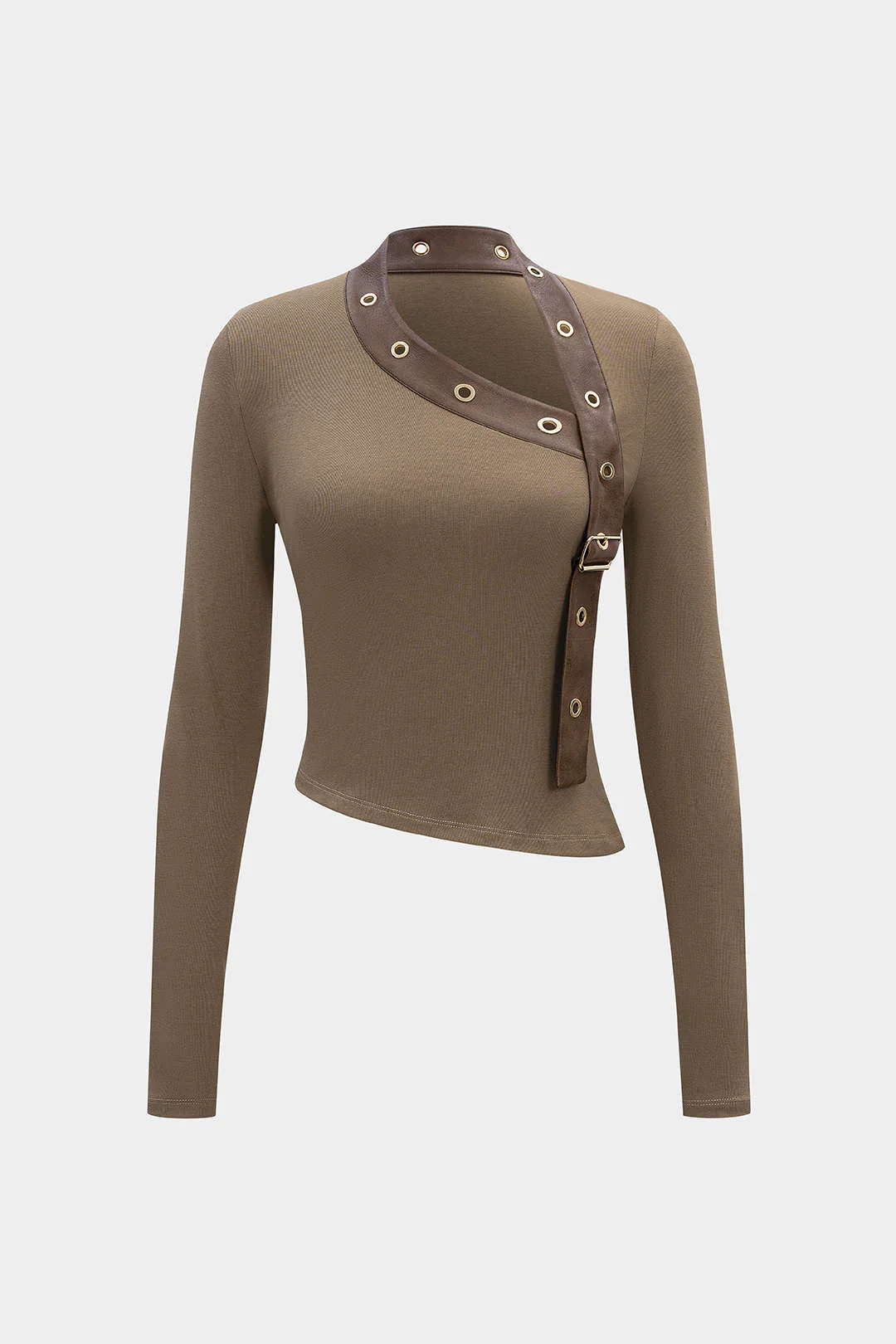 Faux Leather Metallic Asymmetrical Long-Sleeve Top - Flockneti
