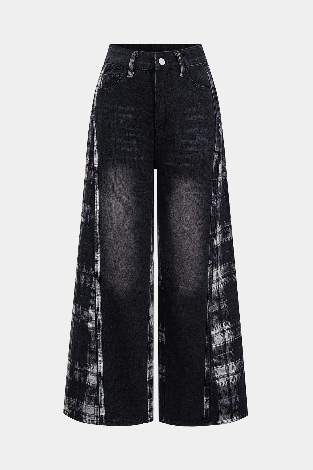 Plaid Print Denim Patchwork Zipper Straight Leg Jeans - Flockneti