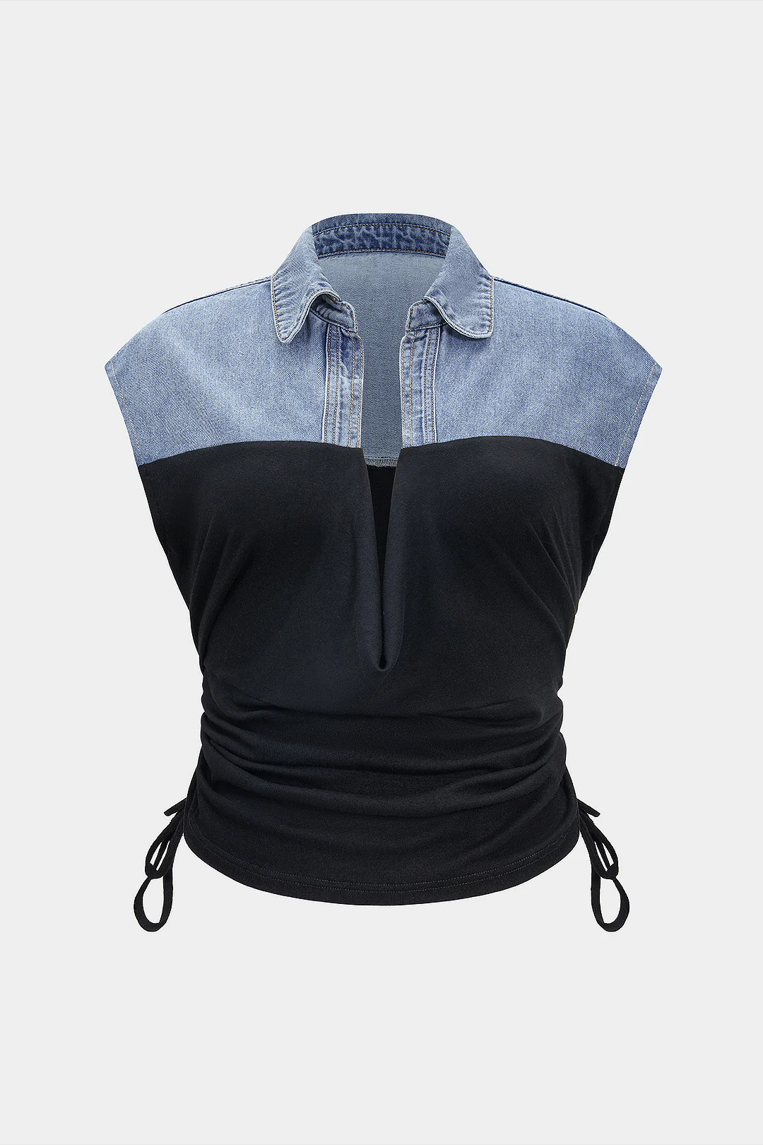 Plus Size Denim Drawstring Patchwork Crop Top - Flockneti
