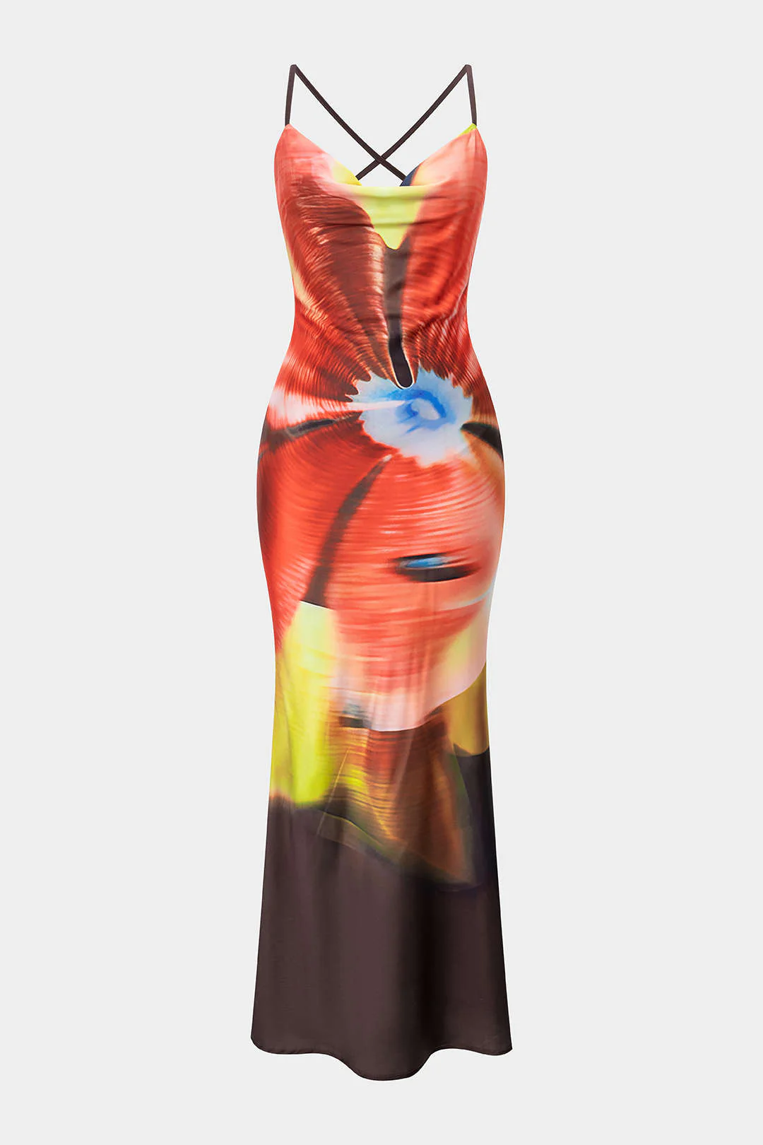 Tie Dye Print Satin Draped Cowl Neck Sleeveless Maxi Dress - Flockneti