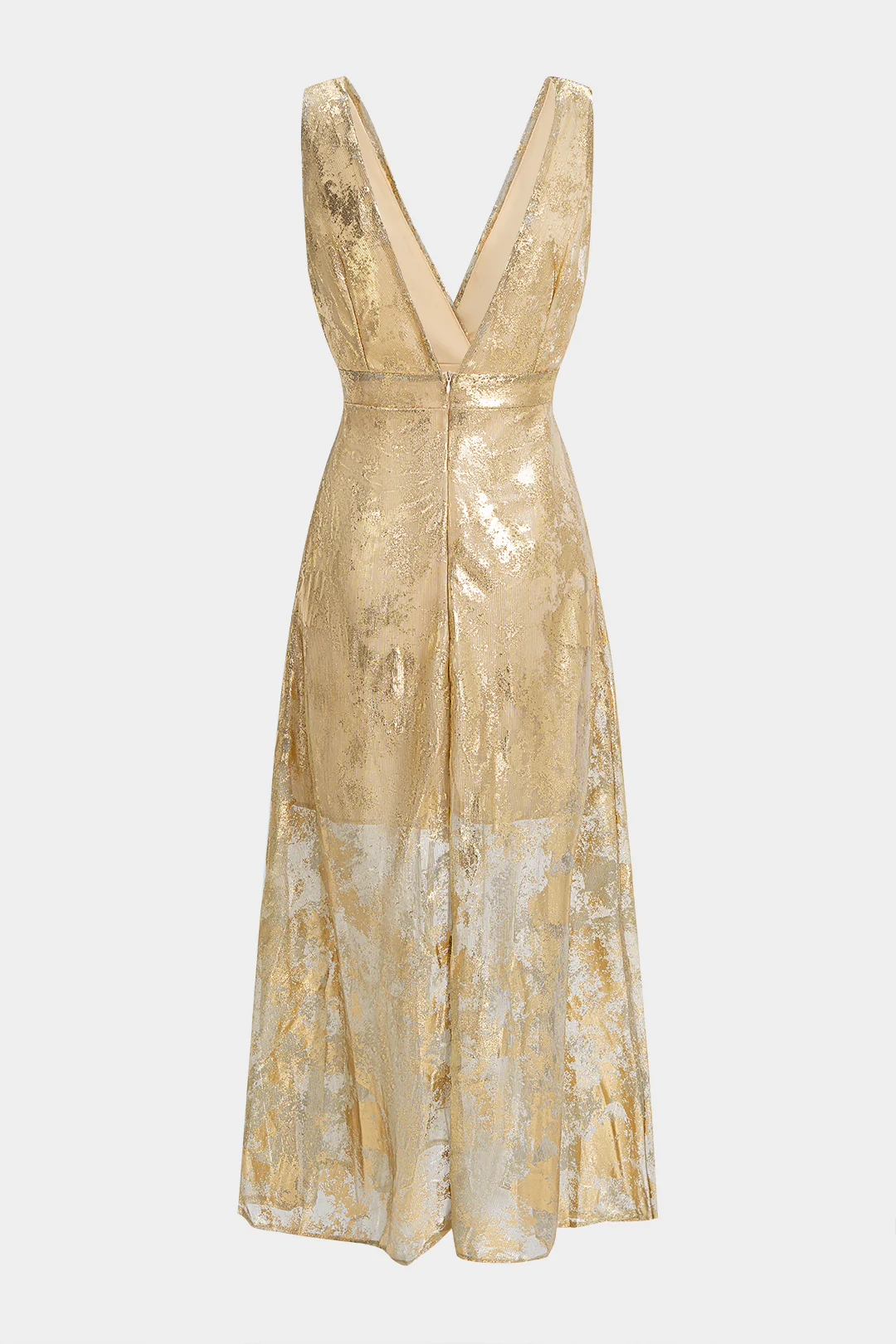 Metallic Print Deep V-Neck Slip Long Sleeve Maxi Dress - Flockneti