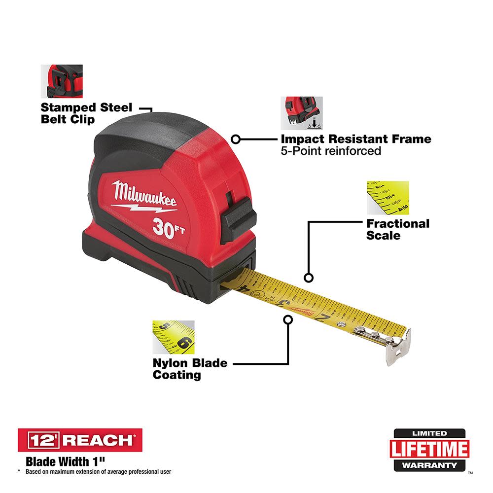 Milwaukee 30 ft. Compact Tape Measure - Flockneti