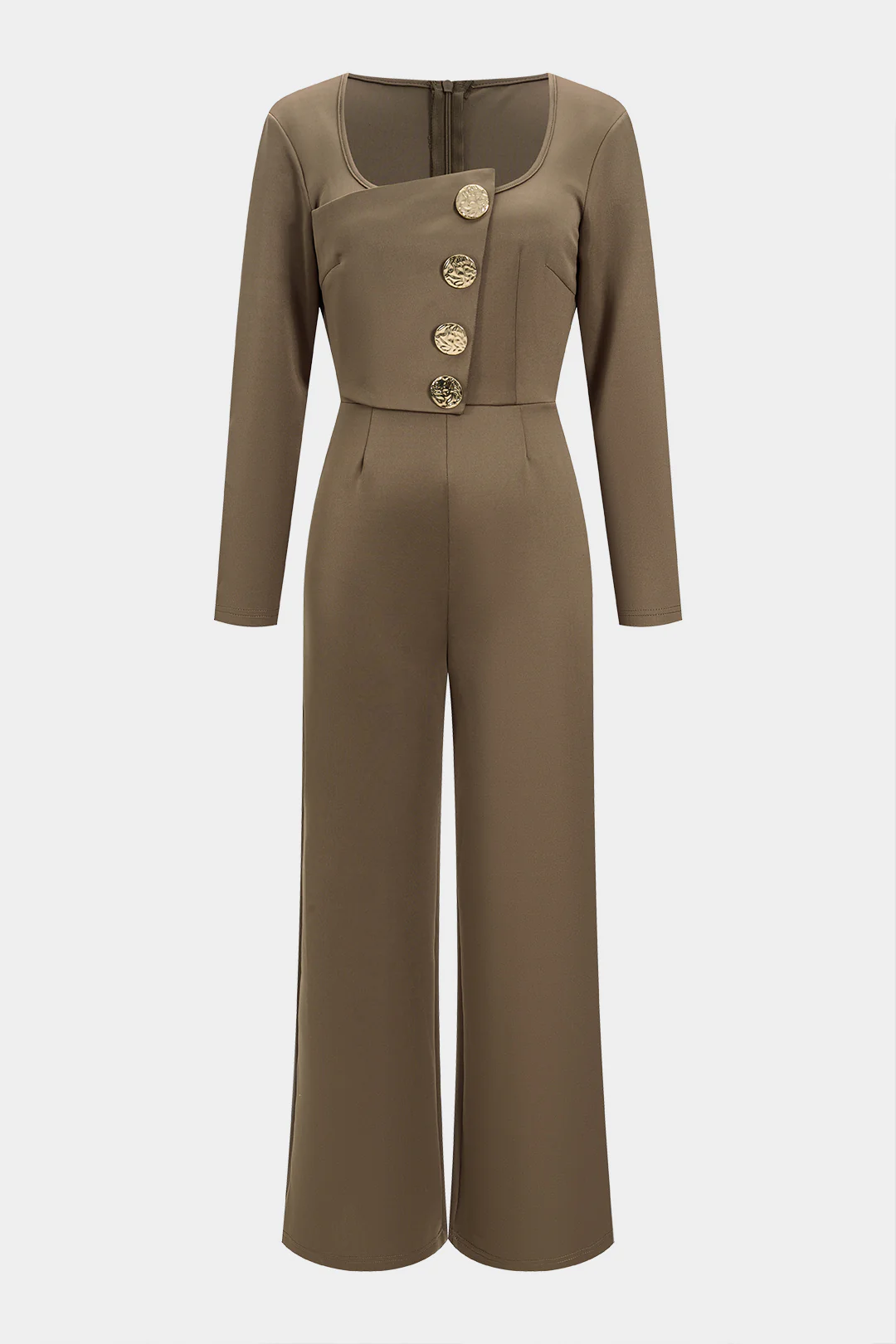 Metallic Button Zipper Long Sleeve Jumpsuit - Flockneti