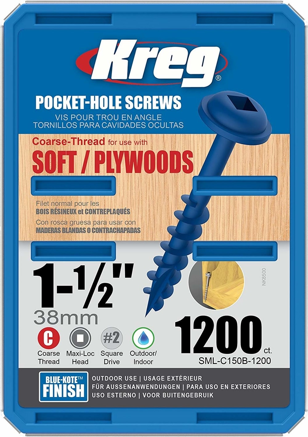 Kreg 1-1/2″ #8 CRS WH Blue-Kote Pocket Screw – 1200ct - Flockneti