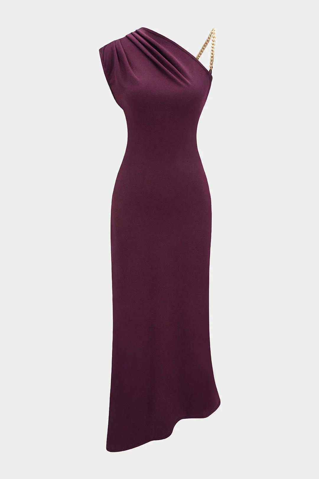 Ruched Asymmetrical Chain Slip Sleeveless Midi Dress - Flockneti