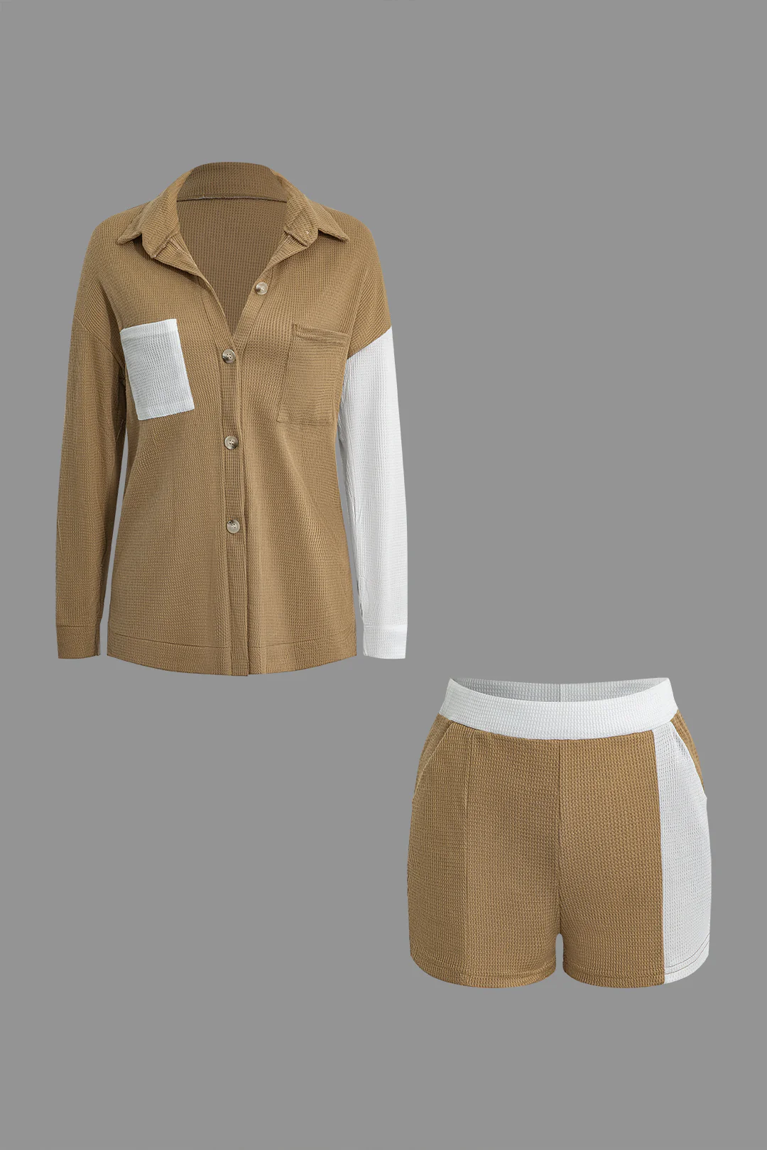 Contrast Pocket Long Sleeve Top And Shorts Set - Flockneti