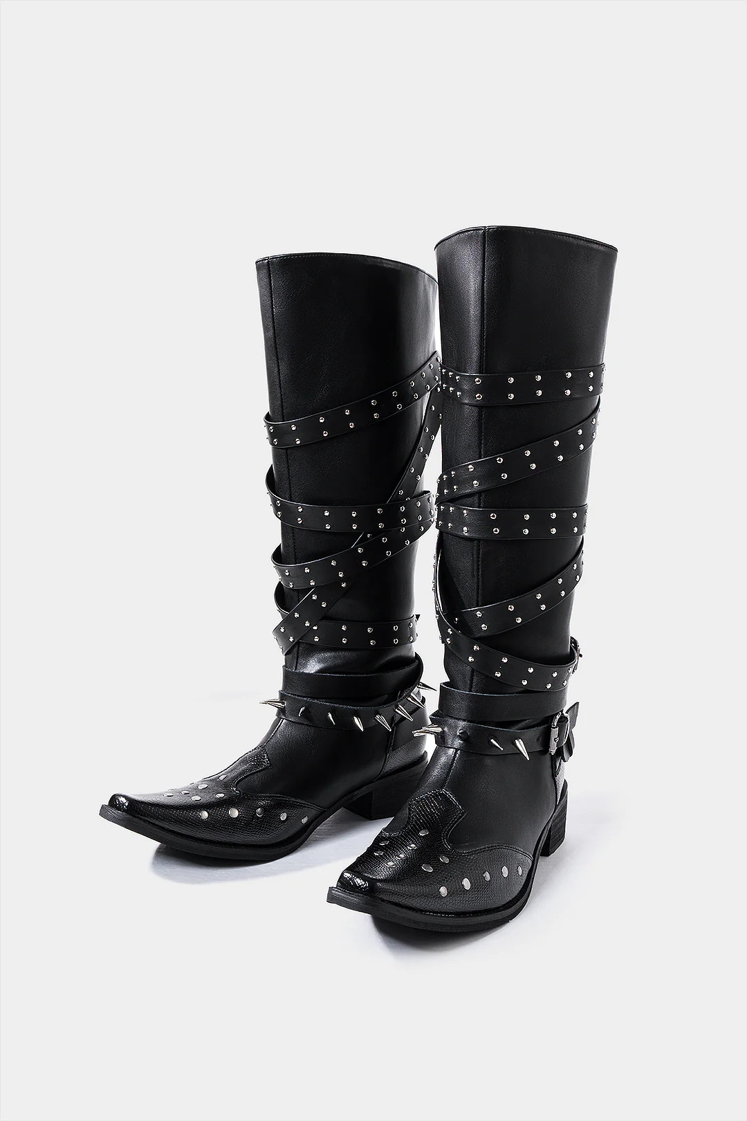 Leather Studded Pointed Toe Knee High Boots - Flockneti
