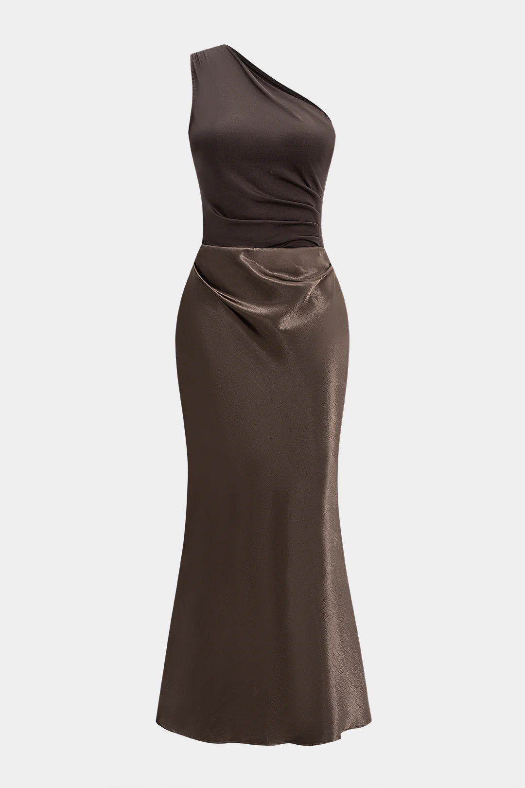 Satin Patchwork One Shoulder Ruched Sleeveless Maxi Dress - Flockneti