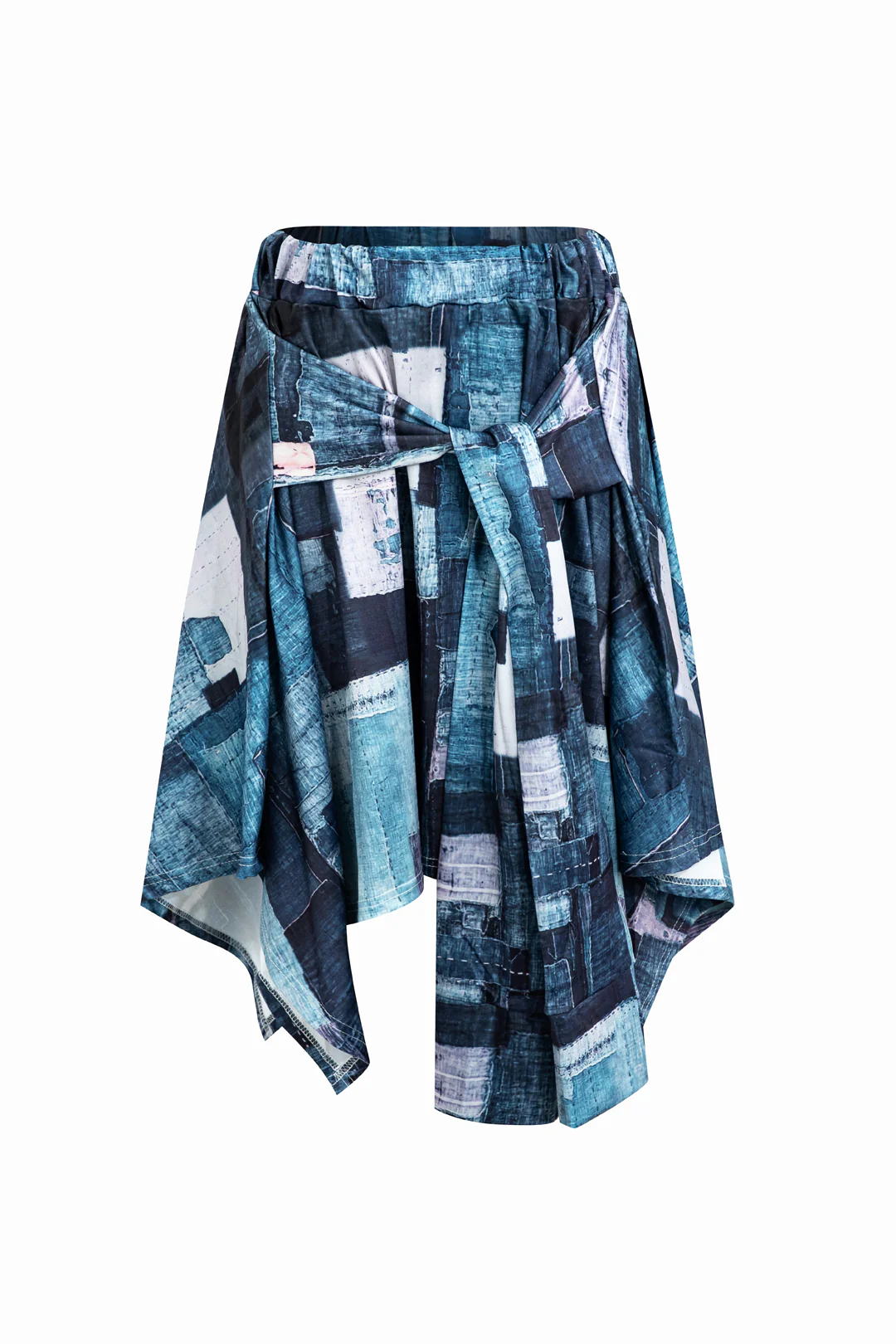 Denim Print Ruched Asymmetrical Tie Up Skirt - Flockneti