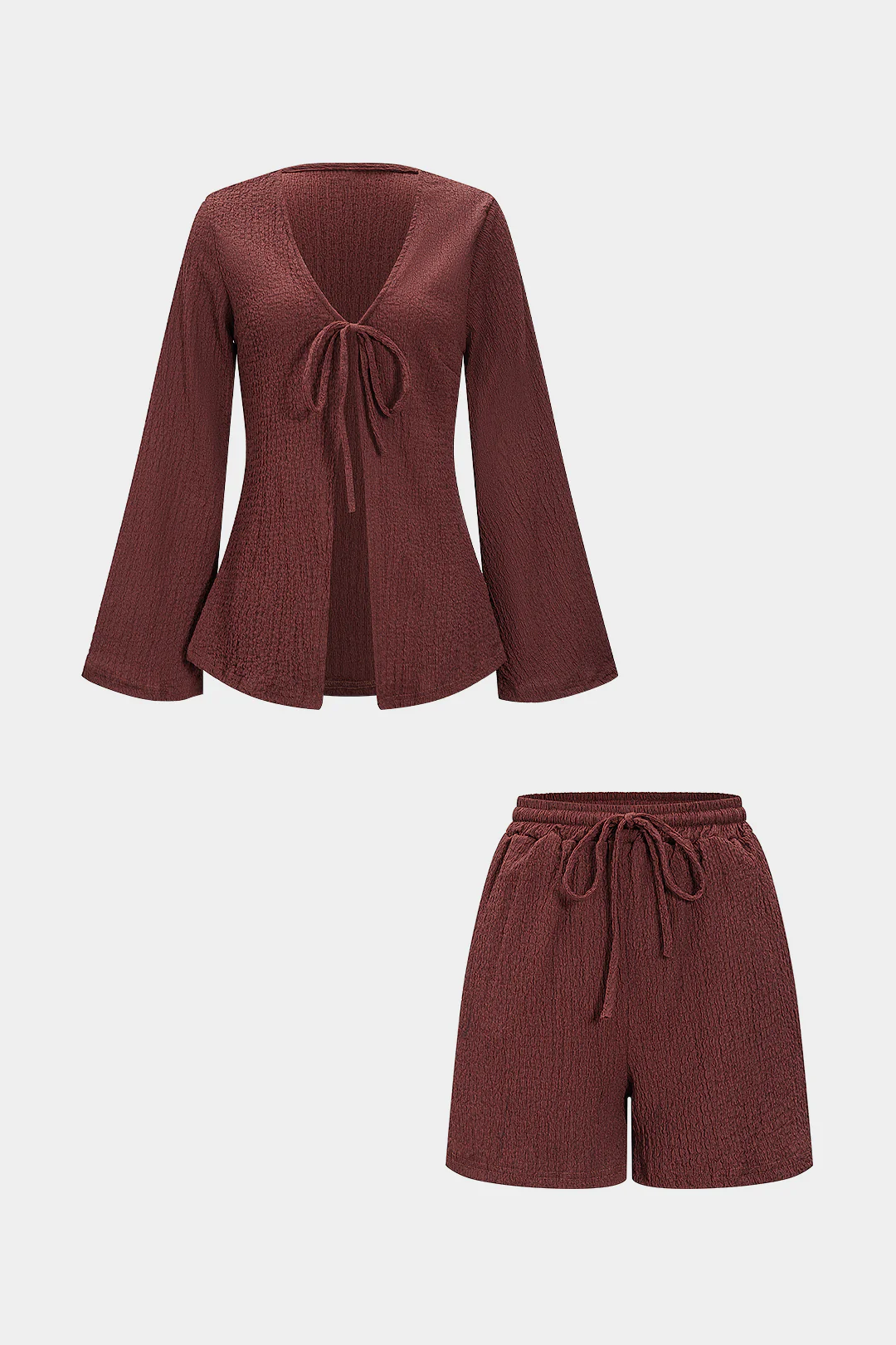 Tie-Up Ribbed Long-Sleeve Top And Shorts Set - Flockneti