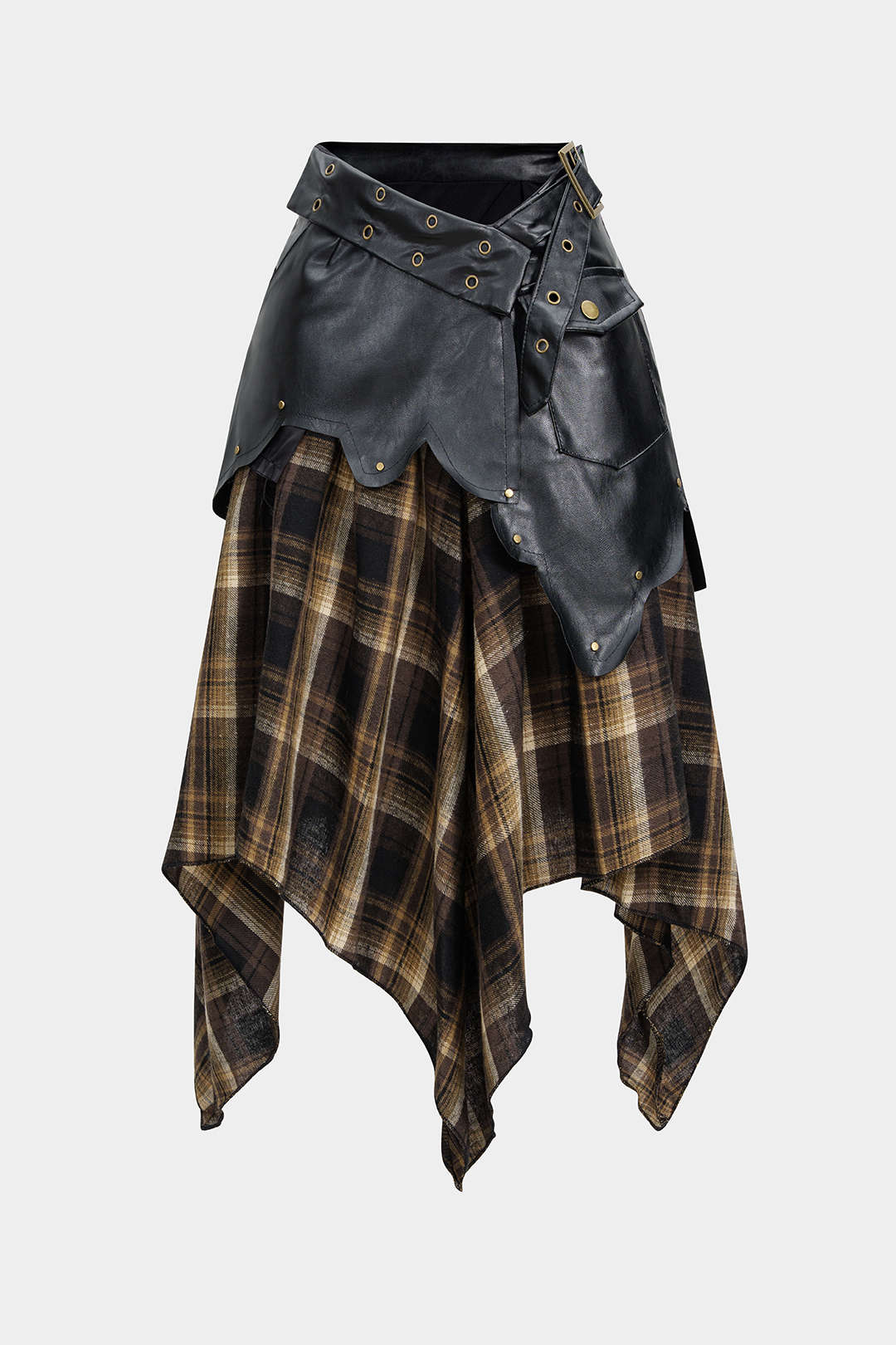 Color Block Plaid Print Faux Leather Patchwork Tie-Up Asymmetrical Pocket Skirt - Flockneti