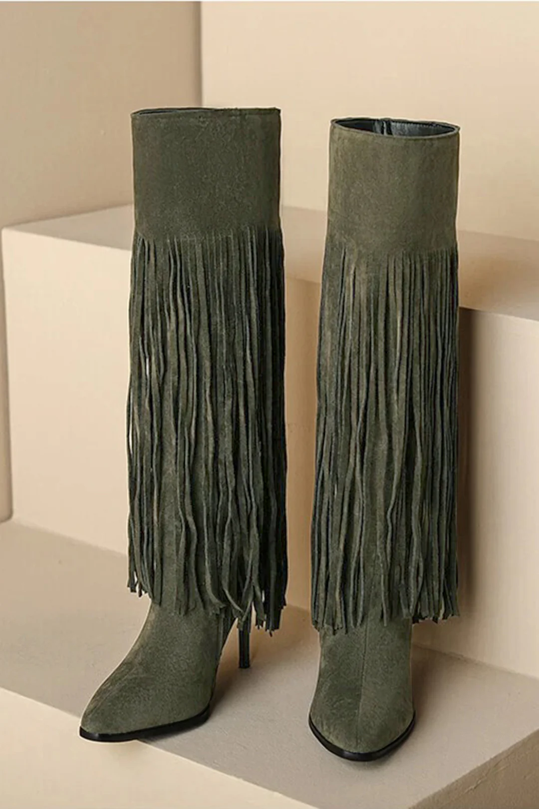 Faux Suede Fringe Pointed Mid Calf Boots - Flockneti