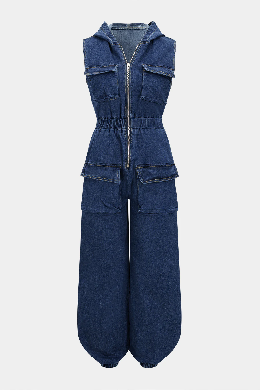 Denim Hooded Shirred Zipper Pocket Sleeveless Jumpsuit - Flockneti