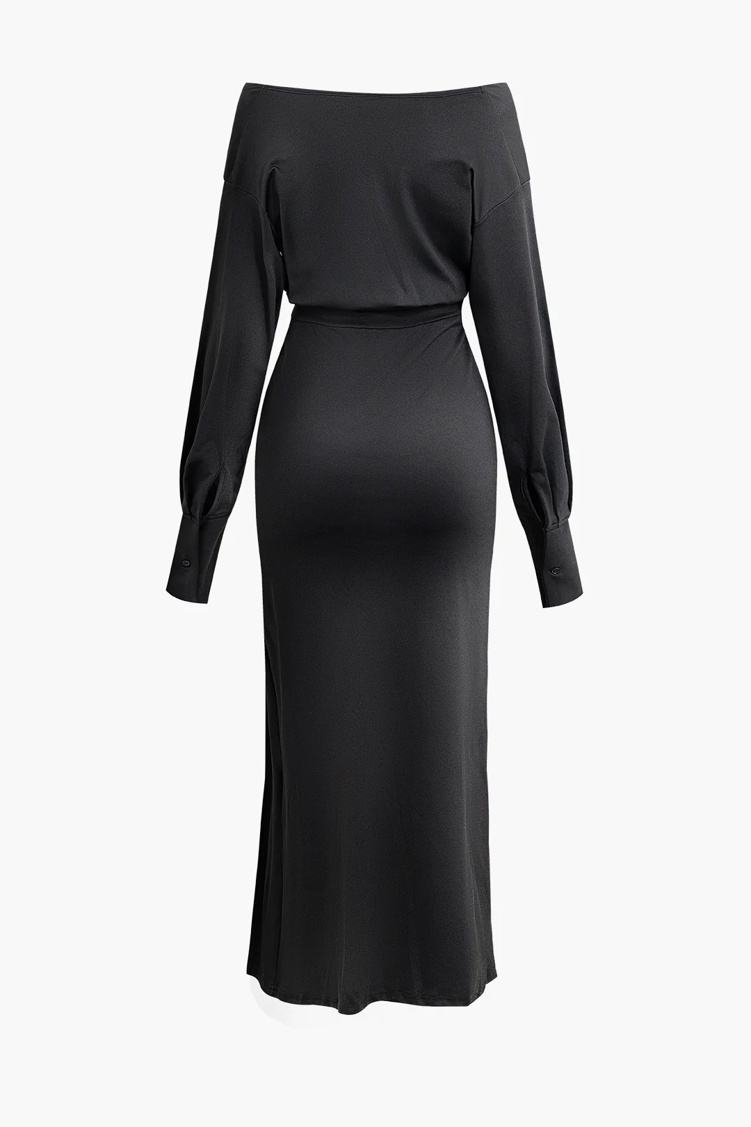 Satin Pleated V-Neck Asymmetrical Side Slit Long Sleeve Midi Dress - Flockneti