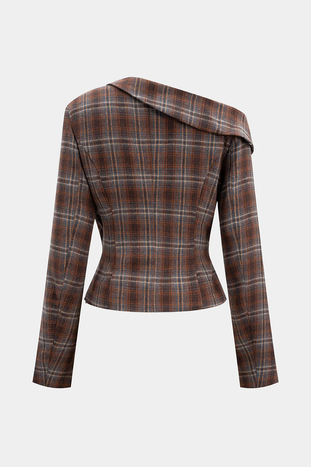 Plaid Print Asymmetrical One Shoulder Ruched Long-Sleeve Top - Flockneti