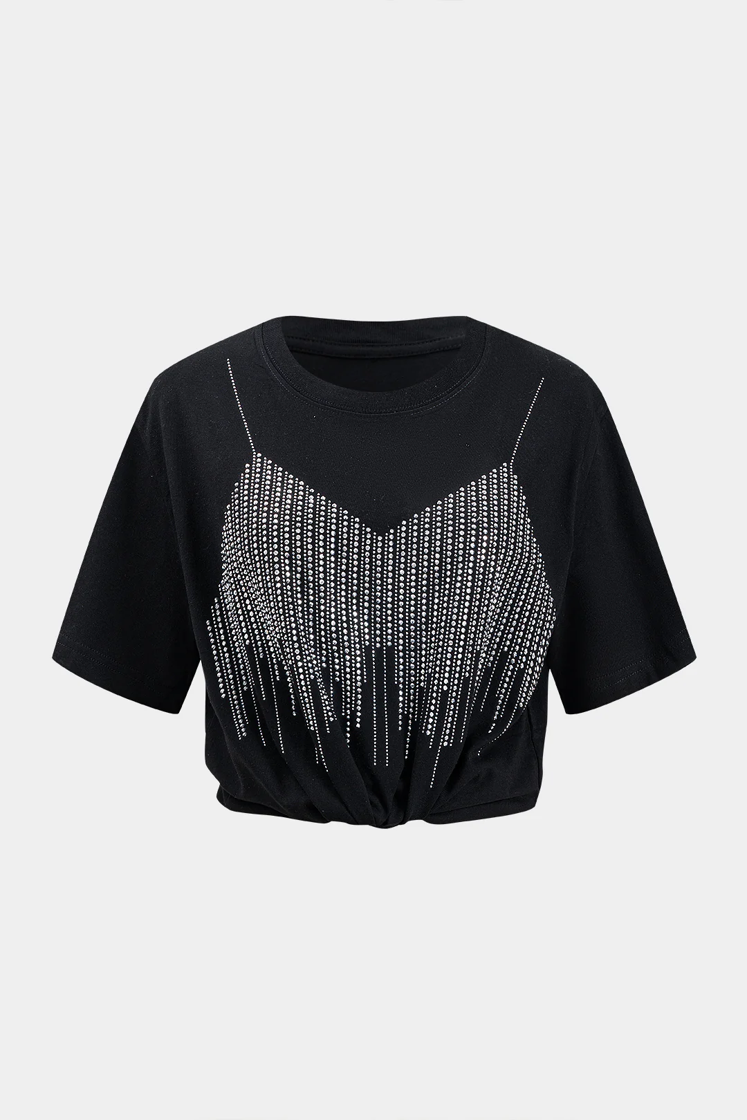 Rhinestone Decor Round Neck Short Sleeve T-Shirt - Flockneti