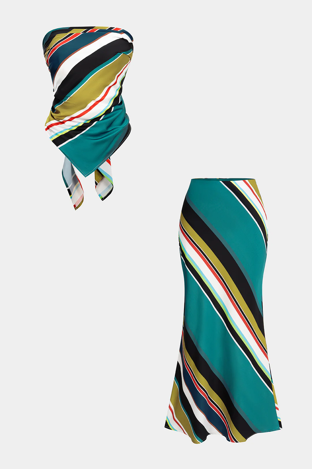 Contrast Stripes Print Satin Tie Back Tube Top And High Waist Skirt Set - Flockneti