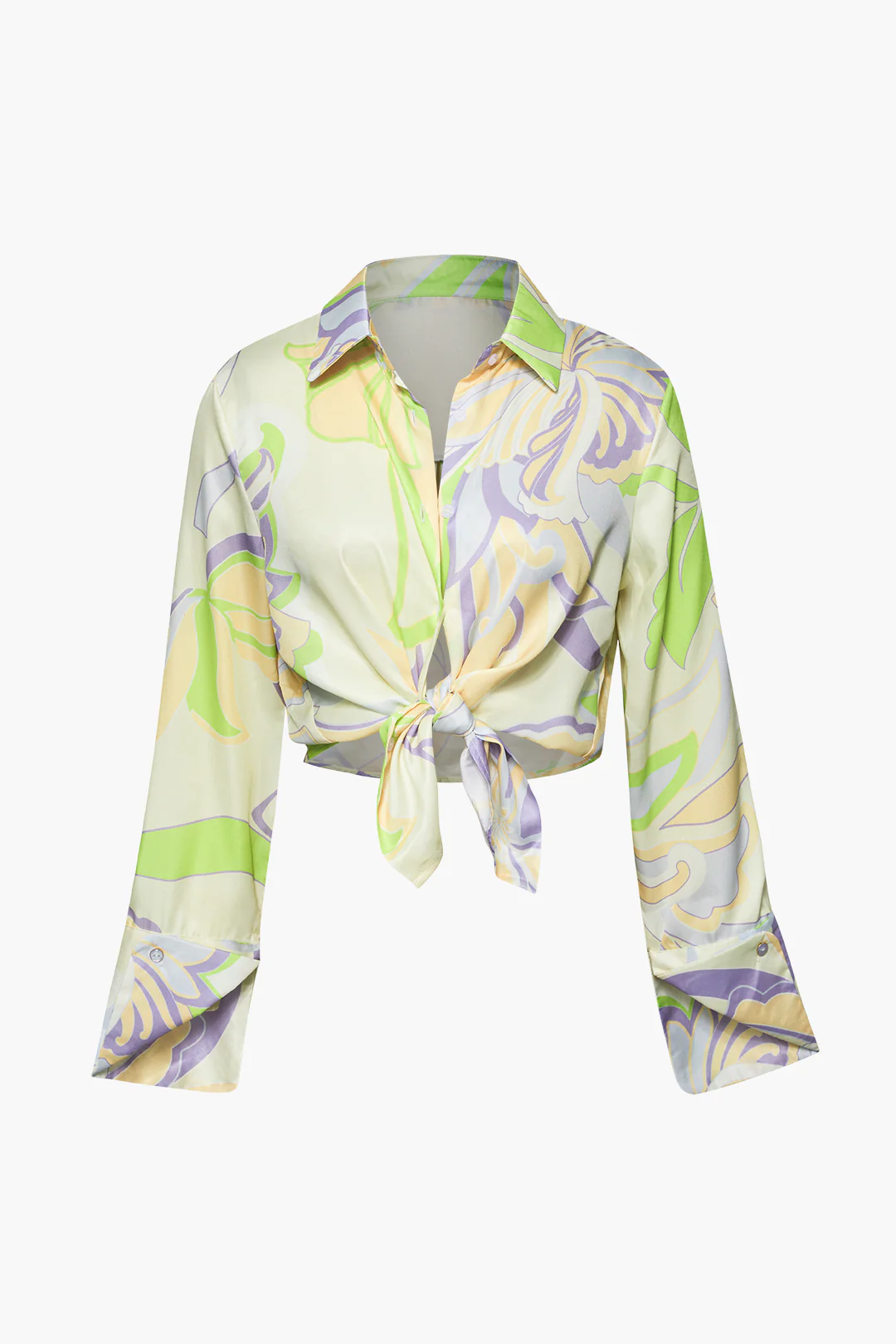 Satin Floral Print Button Long-Sleeve Shirt - Flockneti