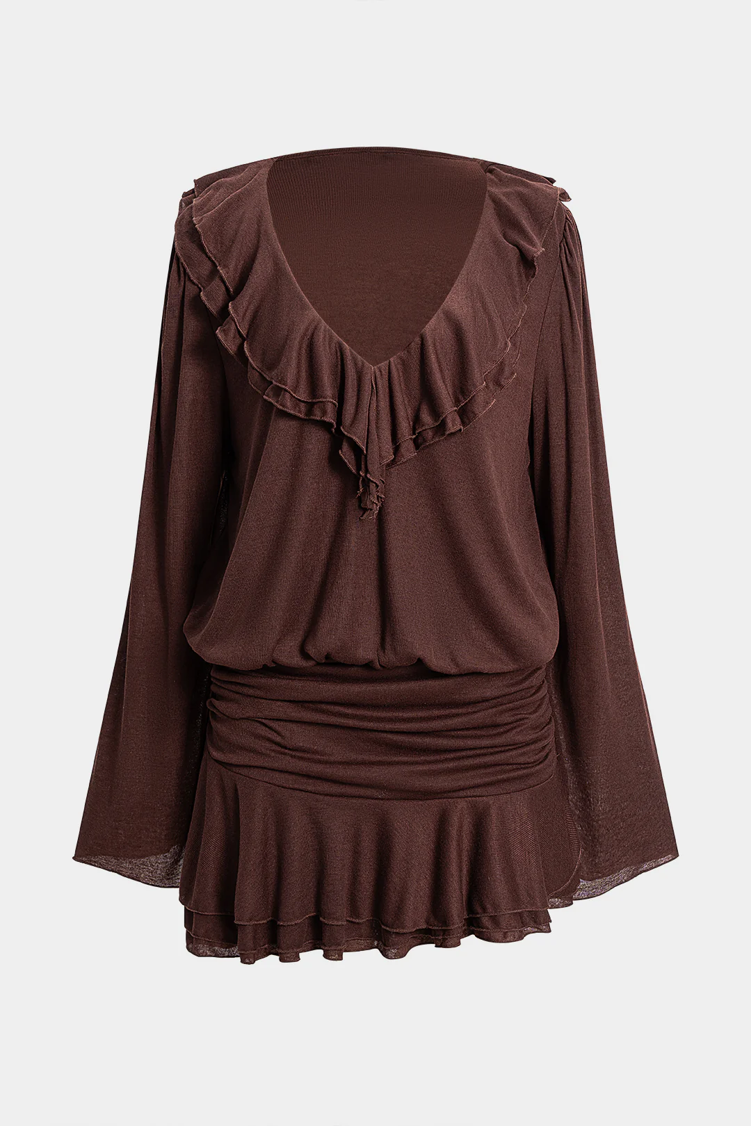 Solid Ruffel Ruched V-Neck Long Sleeve Mini Dress - Flockneti