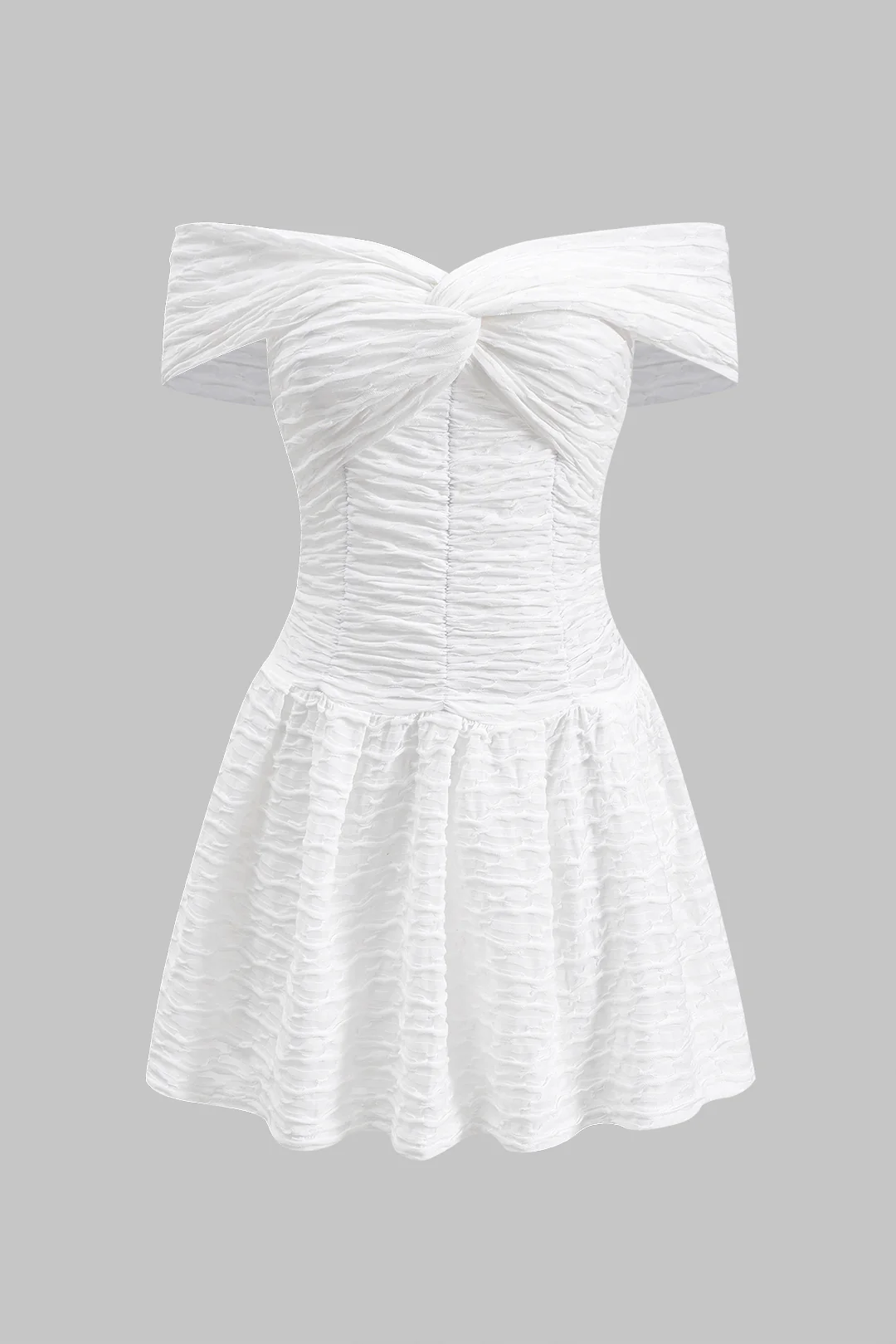 Textured Crossed Twist Knot Off Shoulder Mini Dress - Flockneti