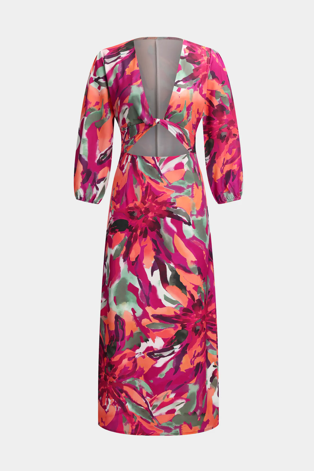 Watercolor Print Twist Knot Cut Out Tie-Back Long Sleeve Midi Dress - Flockneti