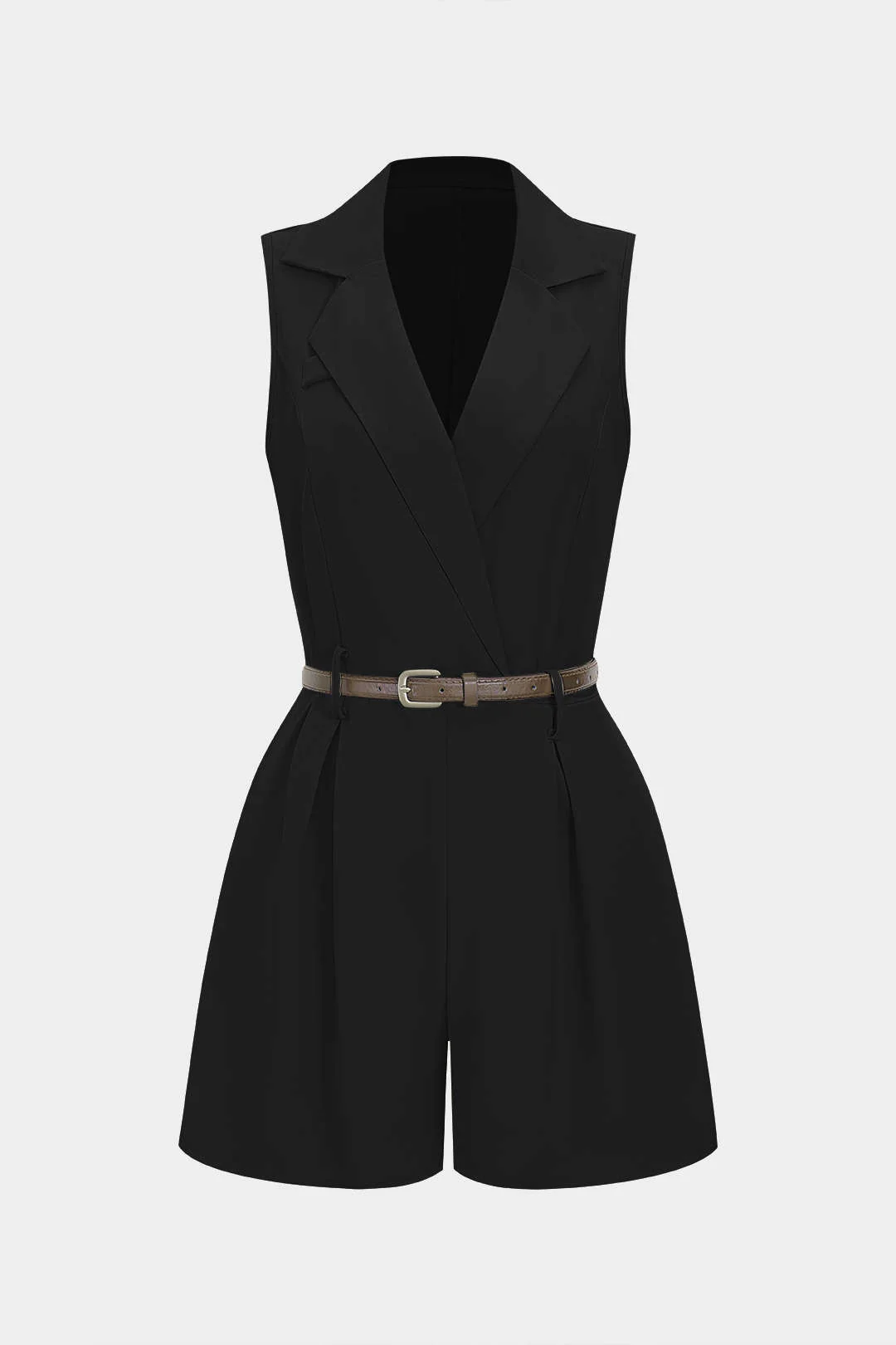 V-Neck Belted Ruched Sleeveless Romper - Flockneti