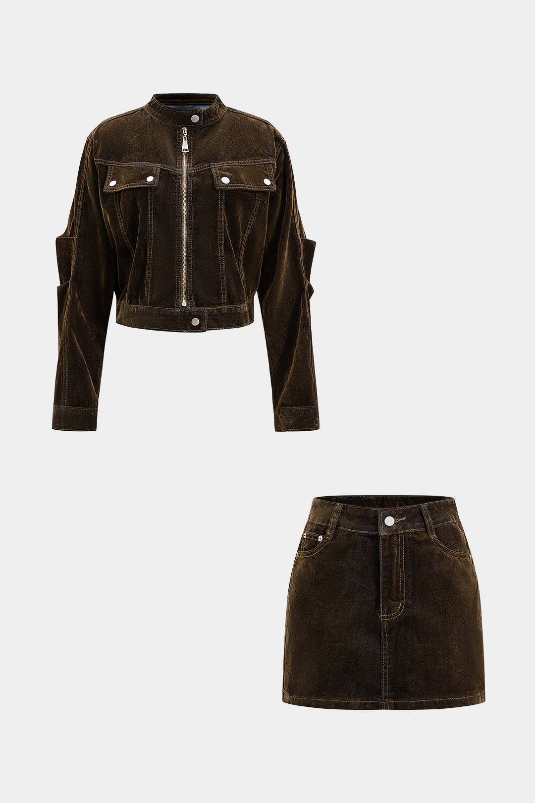 Denim Zipper Long-Sleeve Cropped Jacket And Mini Skirt Suit - Flockneti