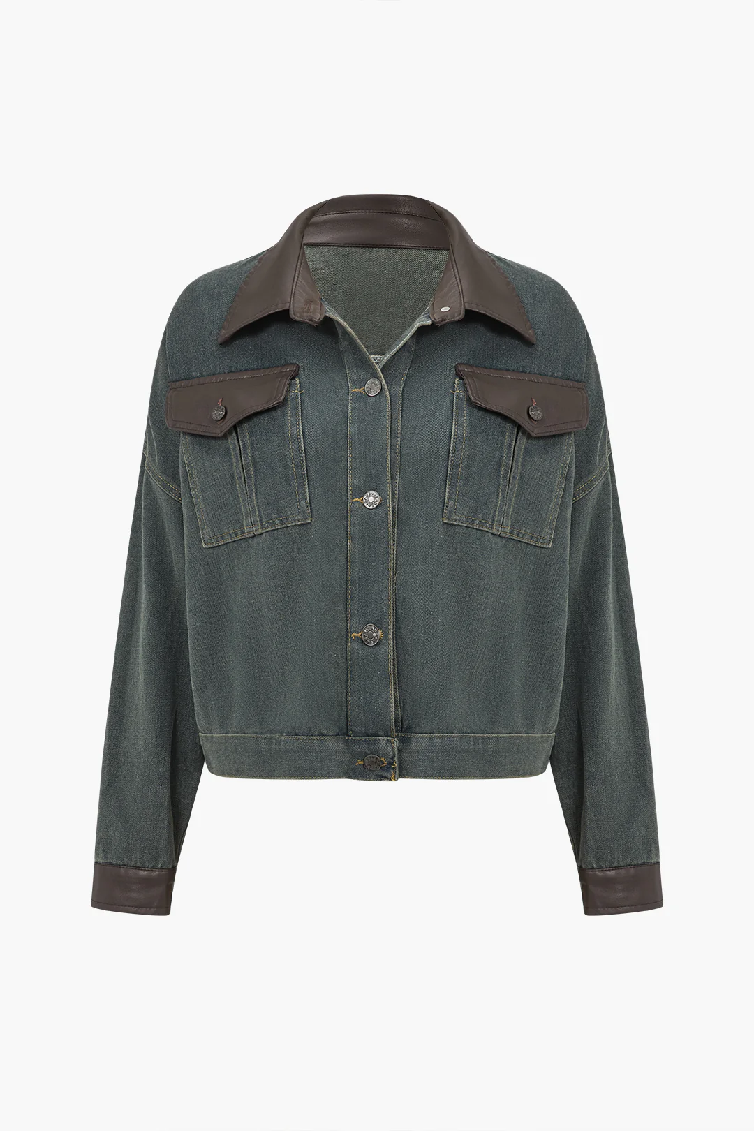 Denim Patchwork Faux Leather Pocket Outerwear - Flockneti