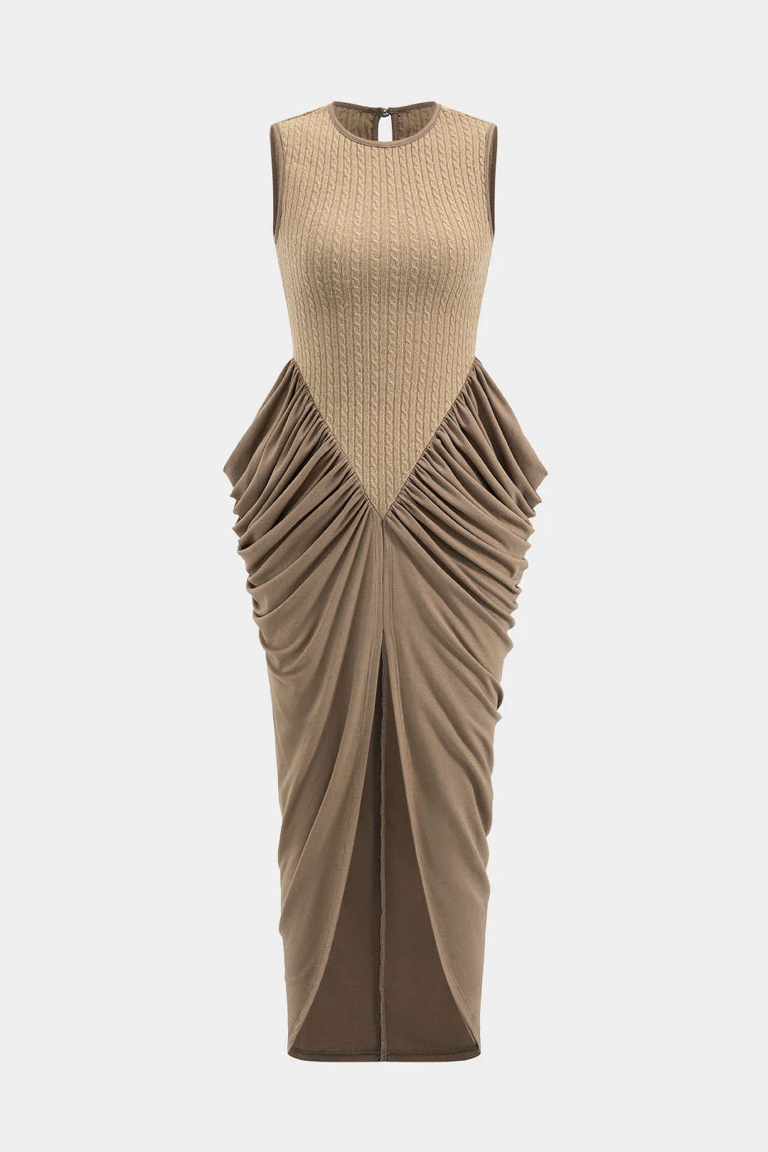 Ruched Sleeveless Round Neck Slit Maxi Dress - Flockneti