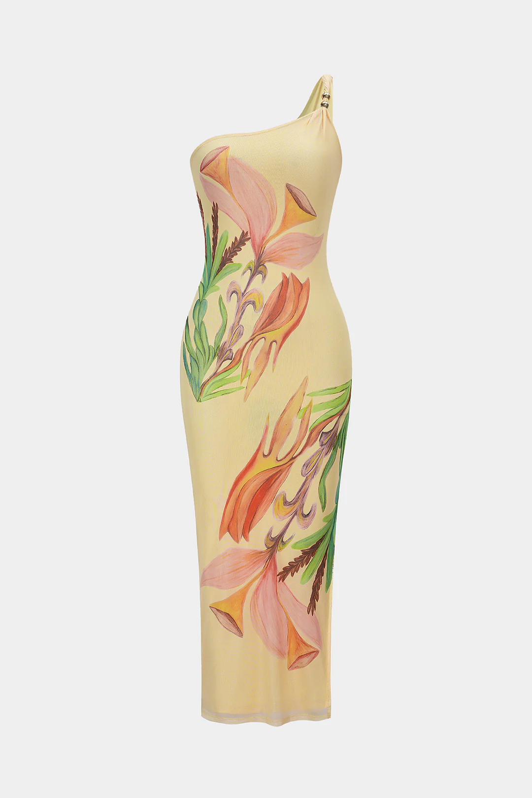 Floral Print Mesh Asymmetrical One Shoulder Twist Knot Sleeveless Midi Dress - Flockneti