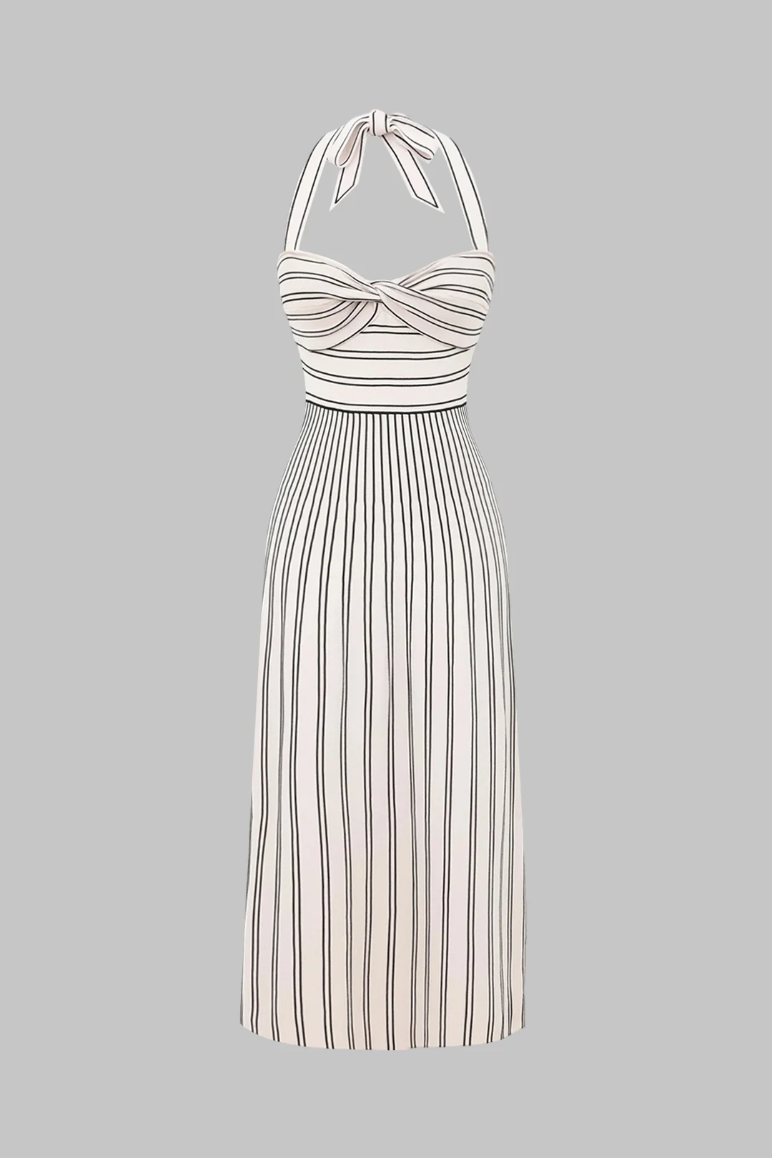 Contrast Stripes Halter Neck Tie Back Twist Knot Sleeveless Midi Dress - Flockneti