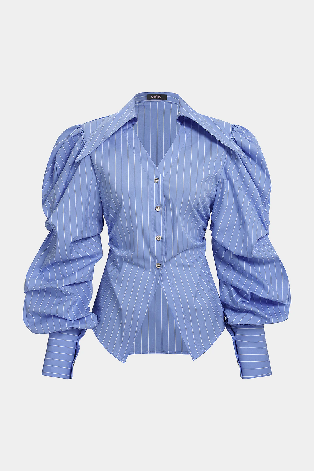 Striped V-Neck Ruched Button Long-Sleeve Top - Flockneti