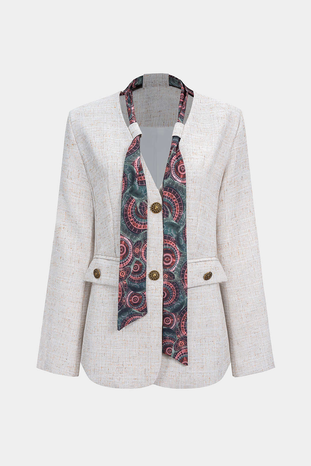 V-Neck Button Long Sleeve Blazer With Scarf - Flockneti