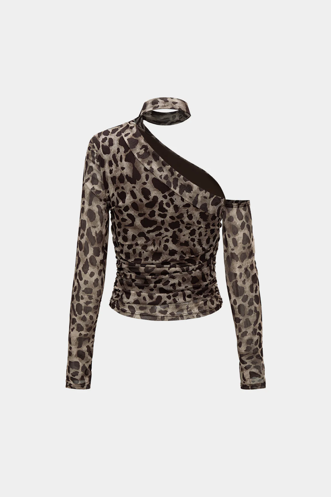 Mesh Leopard Print Asymmetrical Long-Sleeve Top - Flockneti