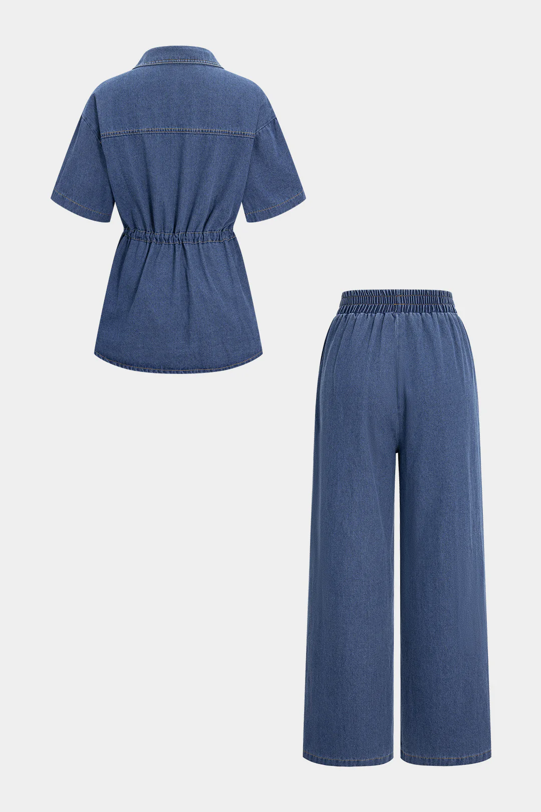 Denim Drawstring Buttons Top And Jeans Set - Flockneti