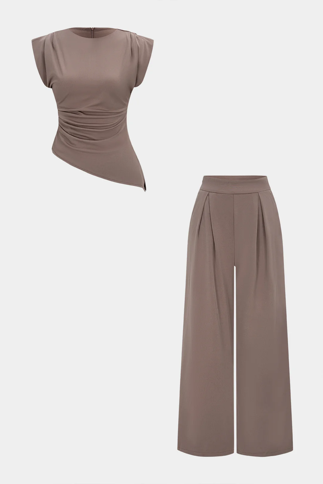 Solid Round Neck Ruched Tank Top And High Waist Wide Pants Set - Flockneti