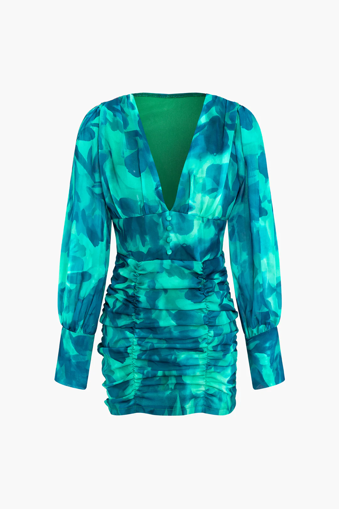 Abstract Print  V-Neck Ruched Long Sleeve Mini Dress - Flockneti
