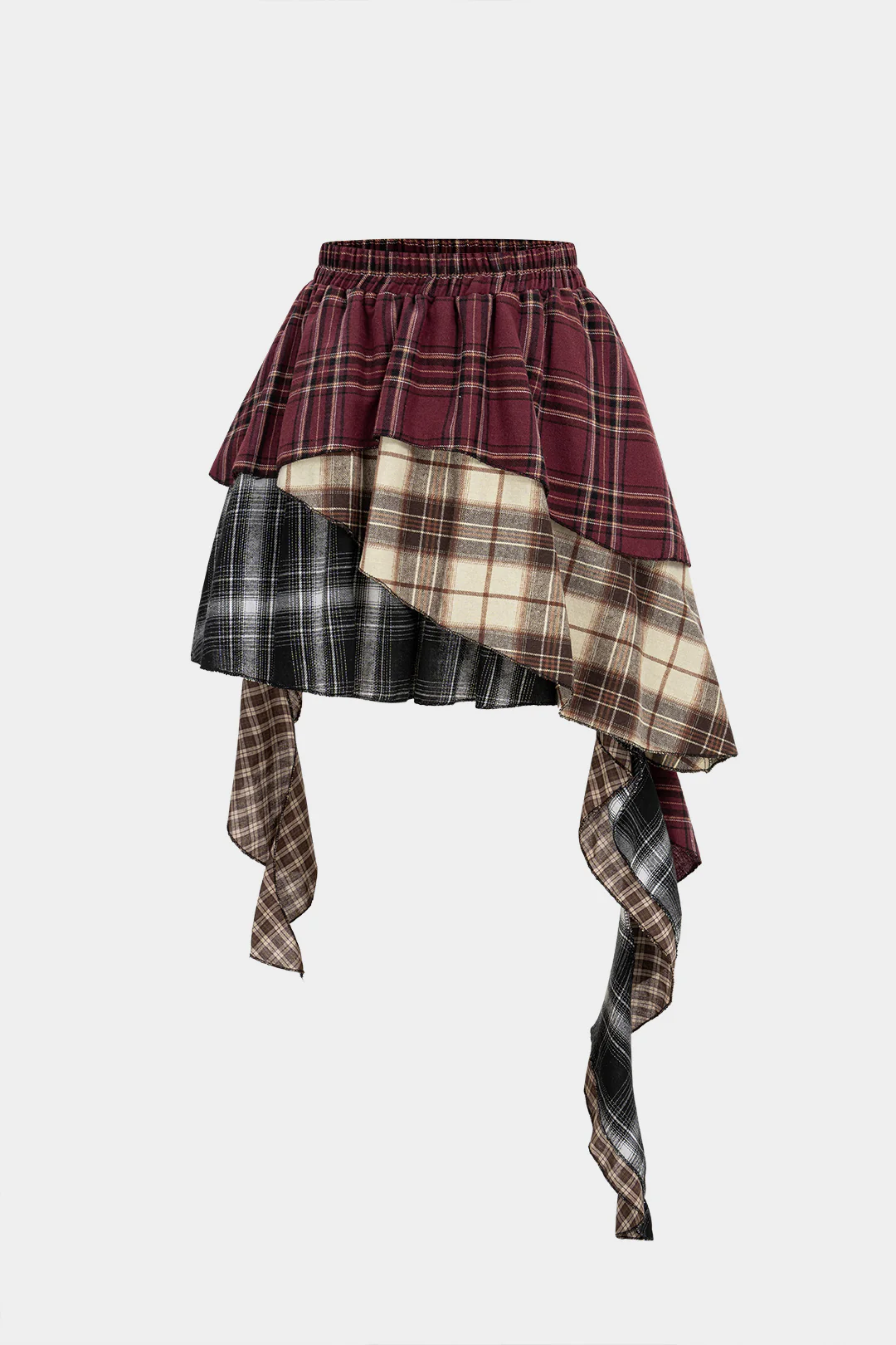 Contrast Plaid Print Asymmetrical Layer Skirt - Flockneti