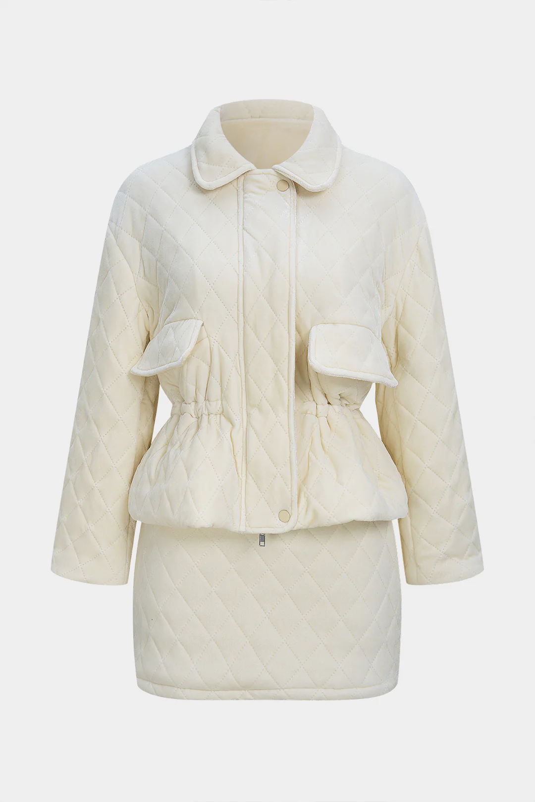 Quilted Velvet Zipper Jacket And Mini Skirt Set - Flockneti
