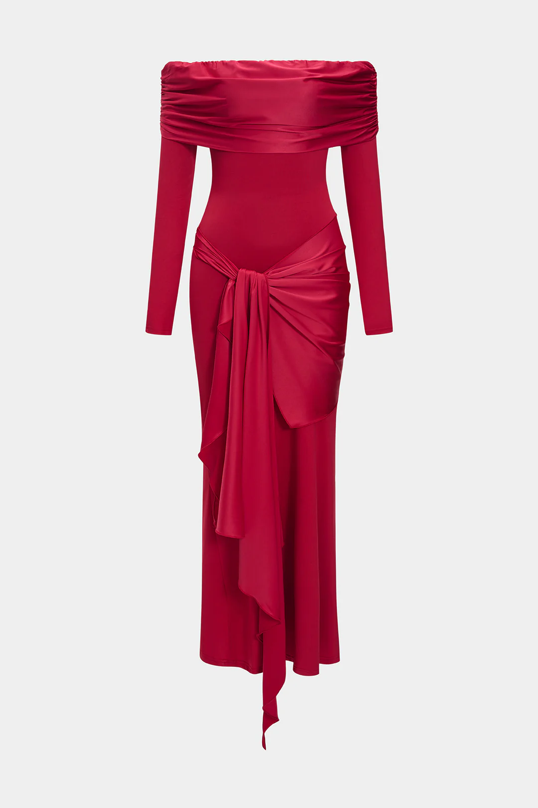 Off Shoulder Ruched Knotted Long-Sleeve Maxi Dress - Flockneti