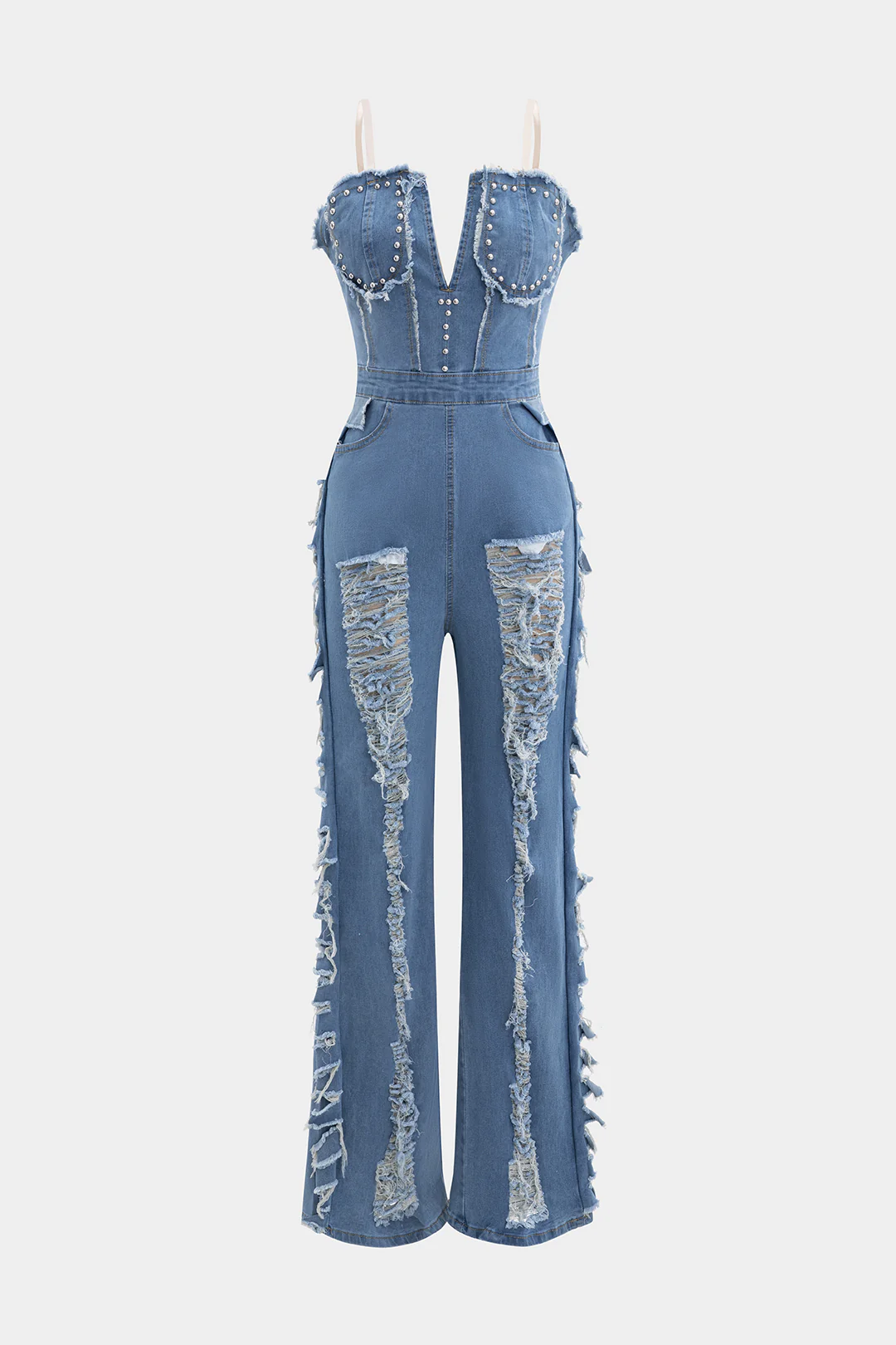 Denim Deep V-Neck Sleeveless Jumpsuit - Flockneti