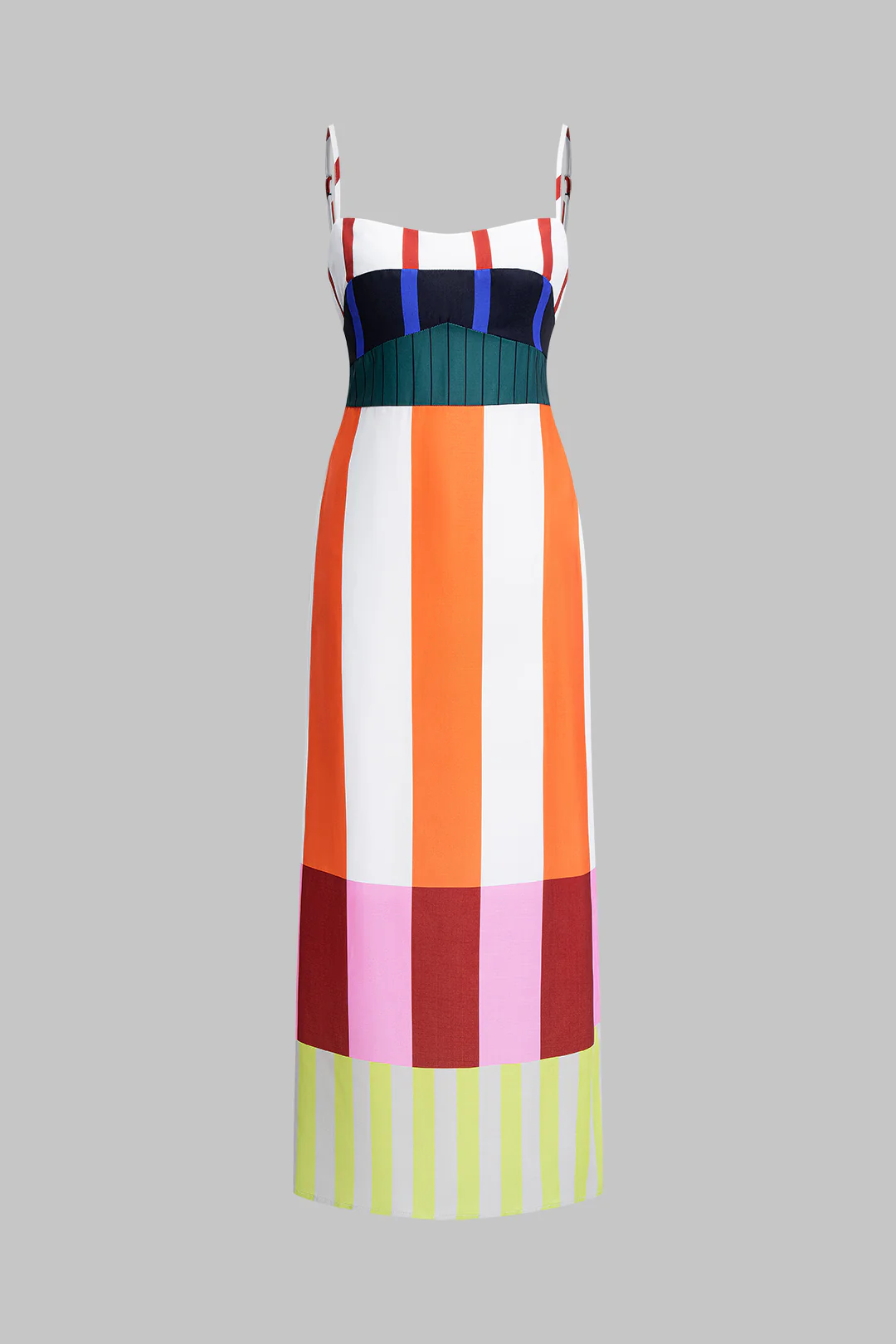 Color Block Stripes Print Zipper Slip Sleeveless Maxi Dress - Flockneti