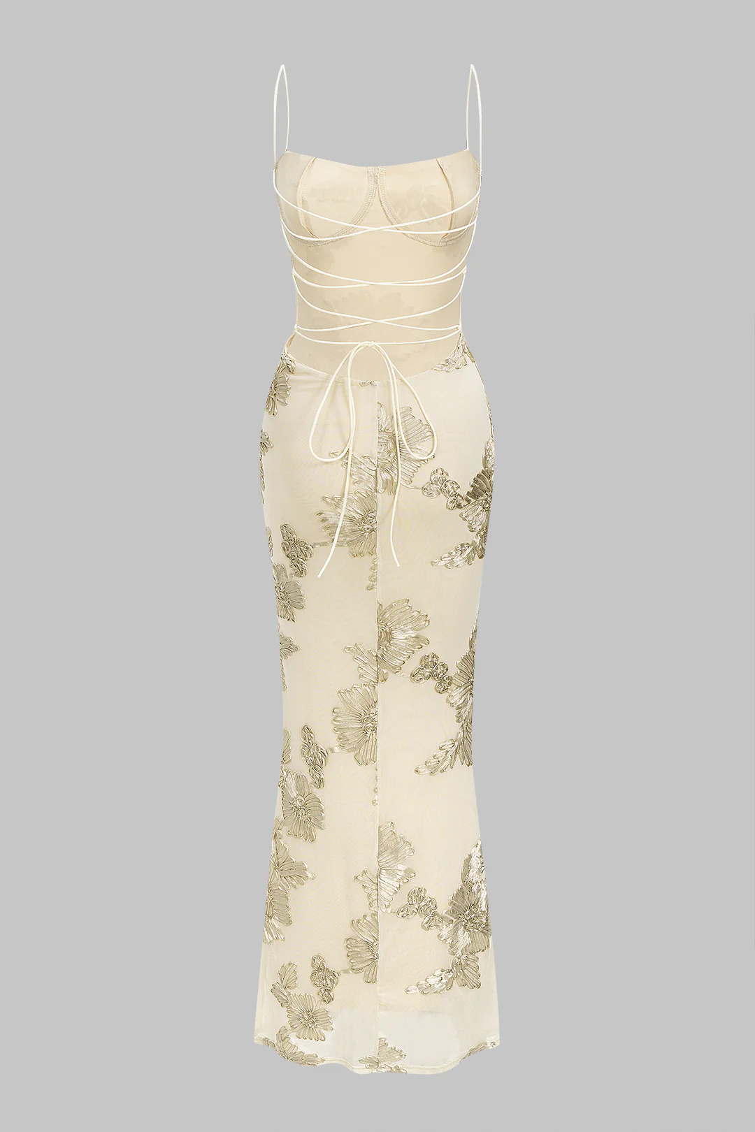 Floral Print Mesh Backless Tie-Back Sleeveless Maxi Dress - Flockneti