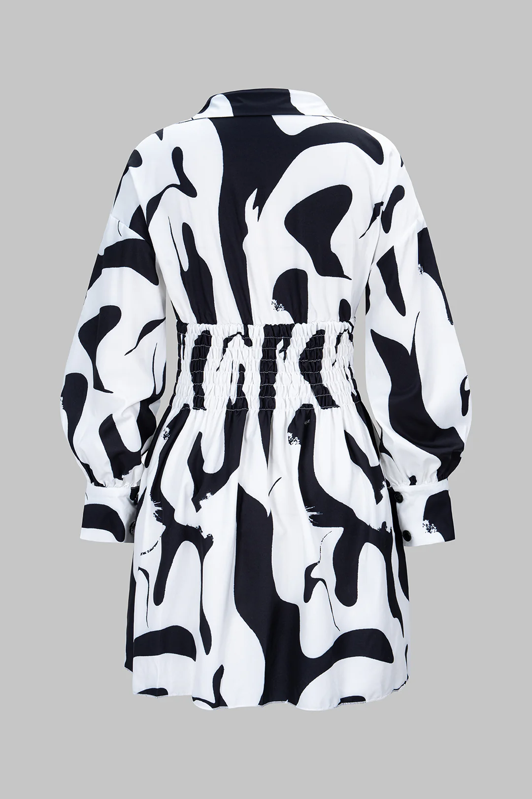 Geometric Print Polo Collar Waist-Cinching Long Sleeve Mini Dress - Flockneti