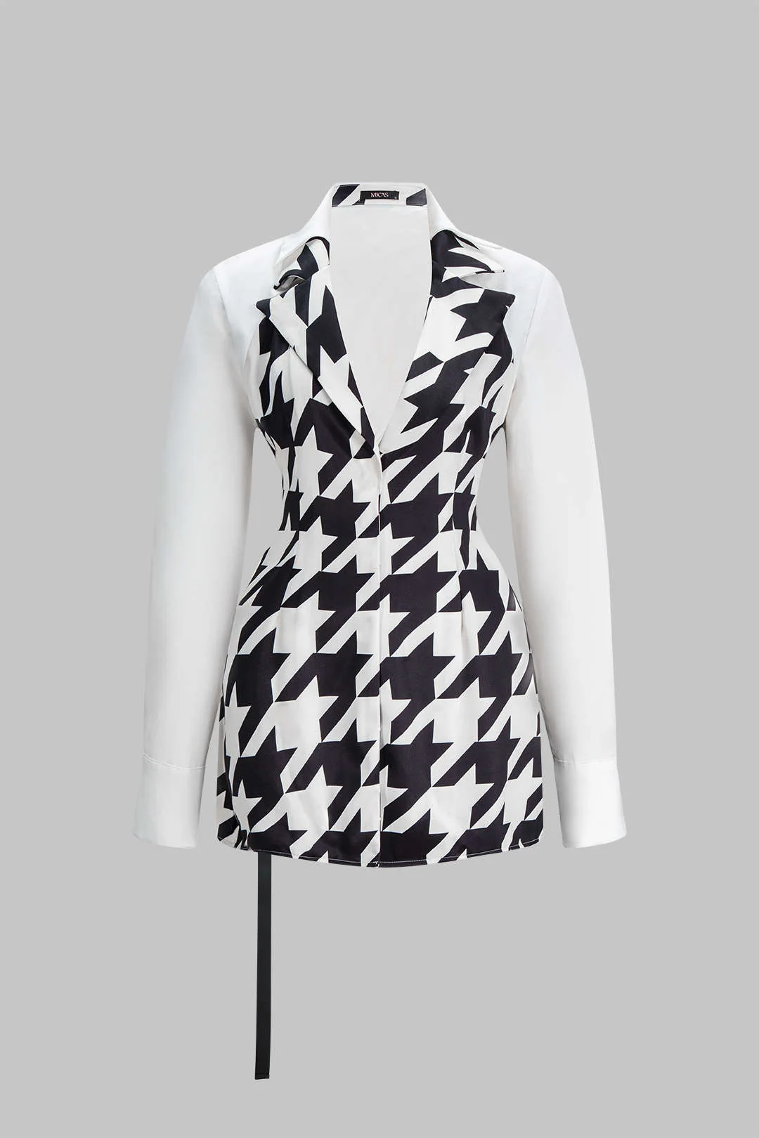 Houndstooth Print Contrast V-Neck Long Sleeve Mini Dress - Flockneti