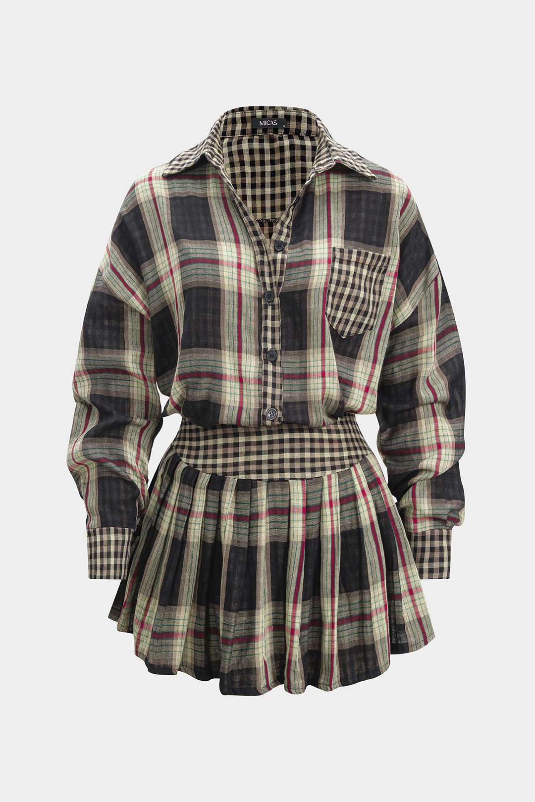 Plaid Print Button Long-Sleeve Shirt And Mini Skirt Set - Flockneti